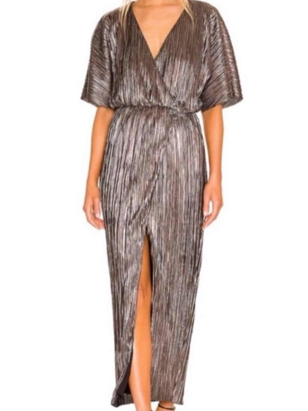 HOUSE OF HARLOW *SABRINA* GUNMETAL LAME DISCO BATWING MAXI DRESS w SLIT Sz M